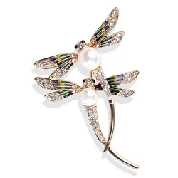 Double Dragonfly Rhinestone Brooches for Women High Grade Fashion Insect Pearl Pins Coat Accessories Animal Jewelry Gifts