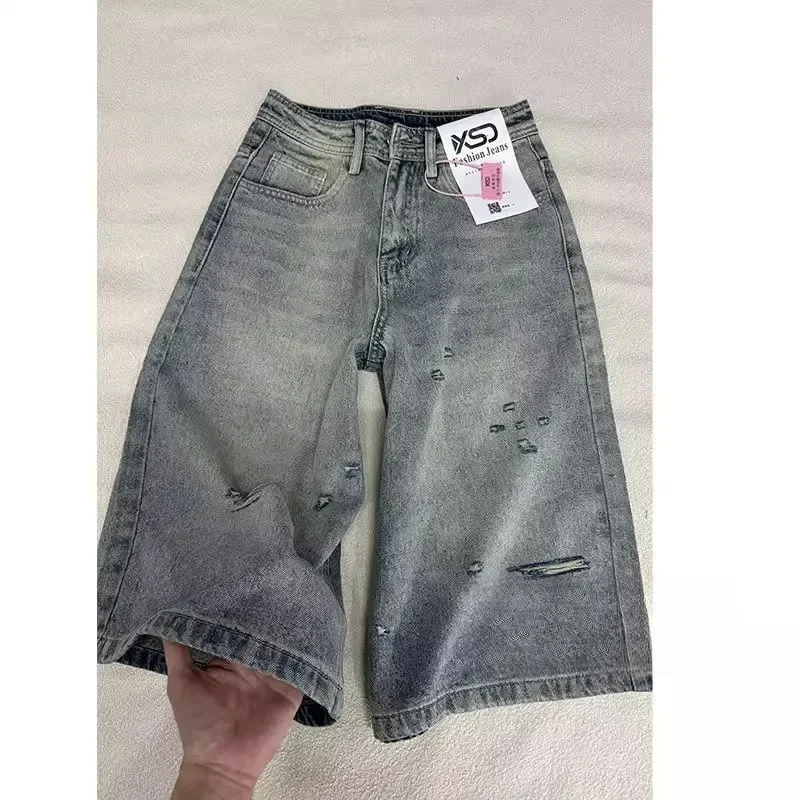 

NICE High Waist Wide Leg Seven-Foot Distressed Design Jeans For Women Summer New Style Plus Size Loose Straight Cut Trousers