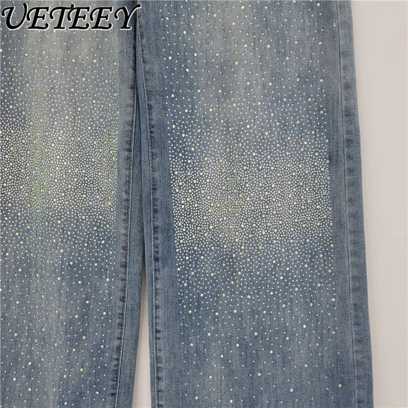 Jeans a gamba larga stile europeo per donna Trendy Autunno Nuovi pantaloni in denim con strass larghi e versatili a vita alta
