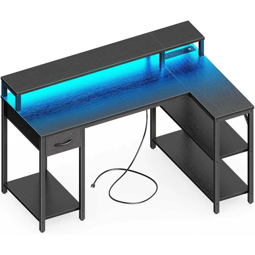 

Standing Desk with LED Lights & Power Outlets, Reversible Computer Desk with Storage Shelves & Drawer, Office Table