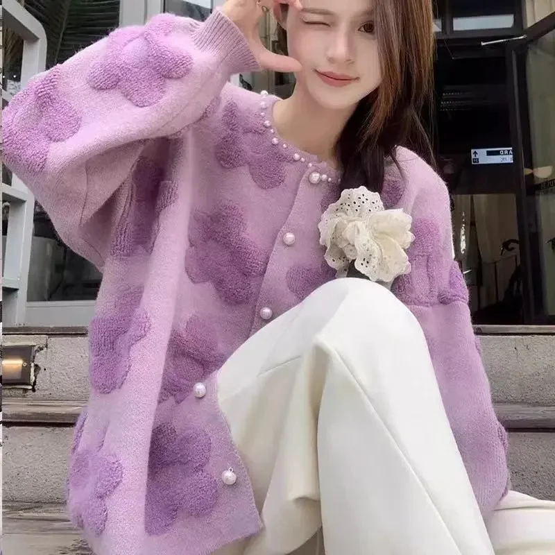 

Женский трикотаж, фиолетовый жаккардовый свитер, кардиган, куртка, весна-осень-зима, новое свободное вязаное пальто с длинными рукавами и цветком, топ