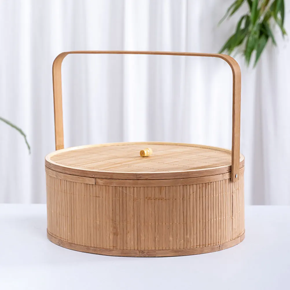 

Lidded Bamboo Basket Handle Rustic Storage Organizer Picnic Picnic Fruit Gift Moon Cake Storage Basket Bread Organizing Basket,