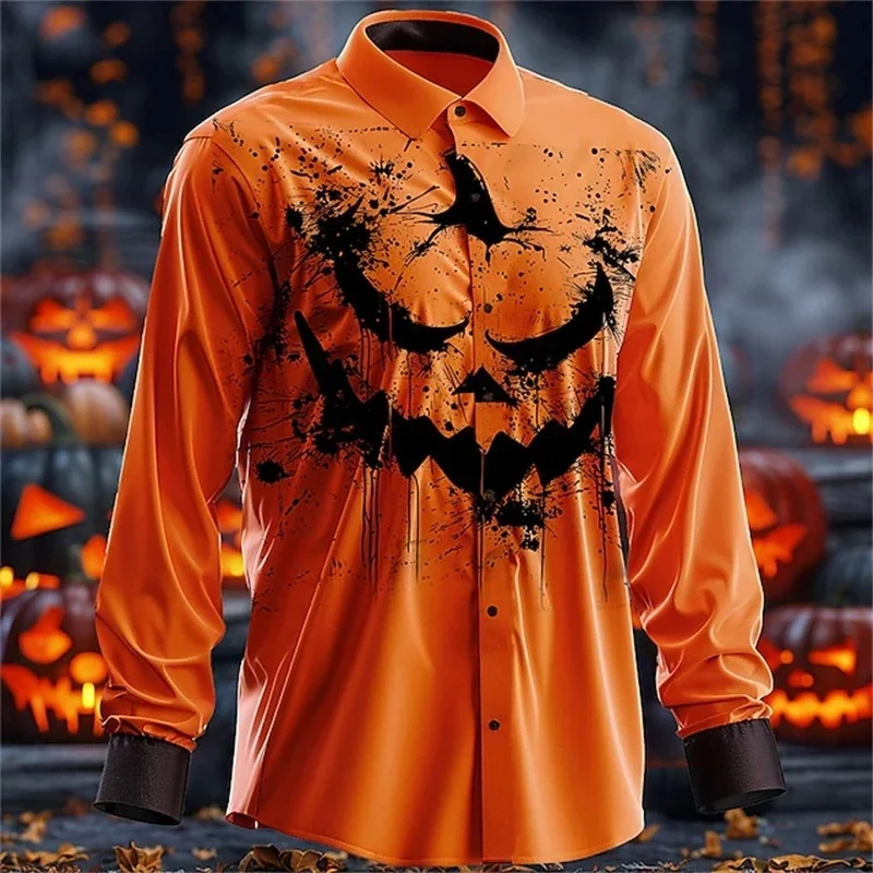Halloween Long Sleeve Shirt Men's 3D Printed Pumpkin Head Pattern Shirt Fashion Casual Comfortable Party Dress 2026 Men's Street