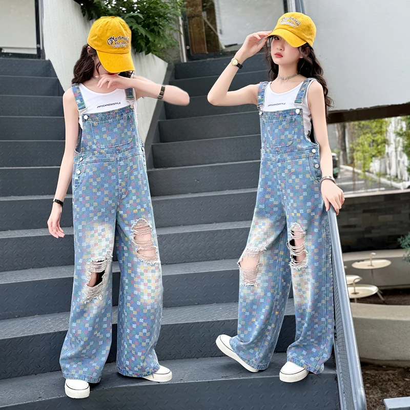 

4, 6, 8, 10, 12, 14, осенние рваные джинсовые комбинезоны в клетку для девочек-подростков, брюки, комбинезоны для младших детей, джинсы, детские брюки, одежда