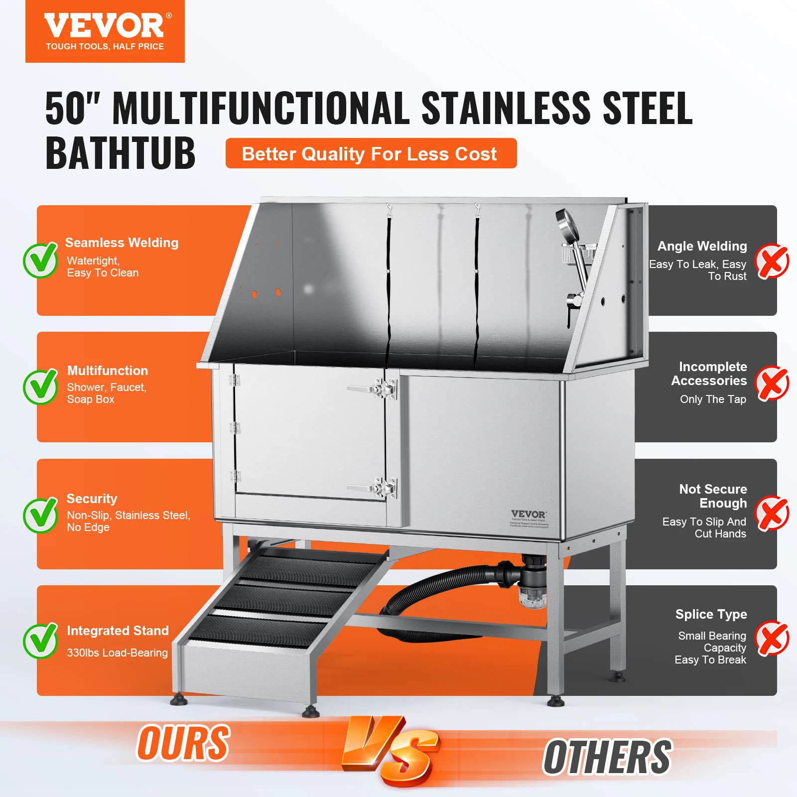 VEVOR 50" Pet Dog Bathing Station w/Ramp Stainless Steel Dog Grooming Tub W/Rich Accessory for Large/Medium/Small Pets Washing