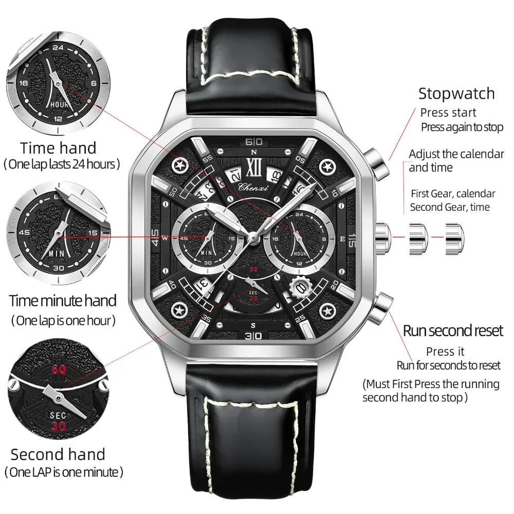 CHENXI 9042, новые роскошные мужские часы с кожаным ремешком, многофункциональный хронограф, календарь, светящиеся водонепроницаемые мужские часы Reloj Hombre
