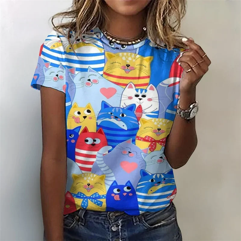 3D Printed Funny Animal T-Shirt for Women Cute Cat Graphic T Shirts Summer Harajuku Round Neck Tops Short Sleeves Loose Tees
