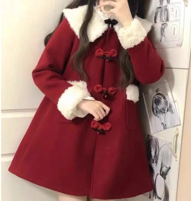Veste de noël polyvalente en laine à manches longues pour filles, manteau doux à col rabattu, à la mode japonaise, nouvelle collection hiver