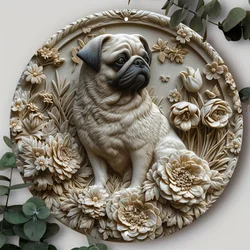 Aluminum Metal Sign, 3D Relief Pug Dog Wreath Decoration, Suitable for Home, Club, or Summer Events, Decorative Wall Poster