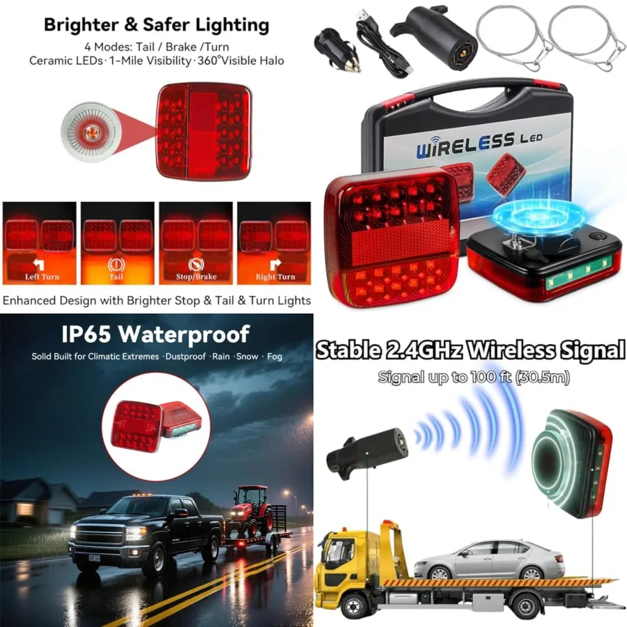 

Magnetic, Upgrade Rechargeable Wireless Trailer Tow Lights LED Kit, IP65 Waterproof, 10-Hour Battery Life, 100 FT Signal Synchr