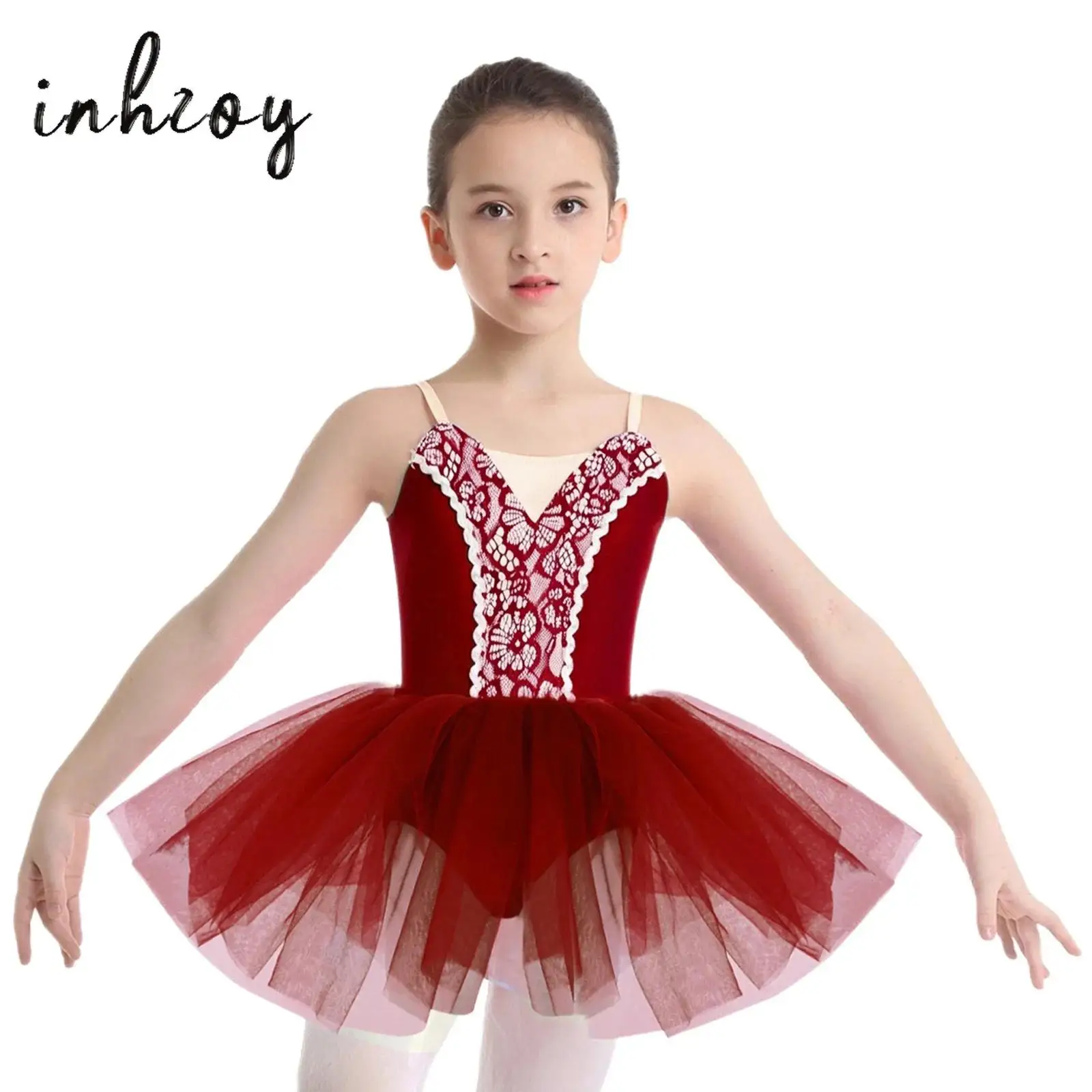 

Kids Girls Professional Ballet Dance Dress Sleeveless Adjustable Spaghetti Straps Front Lace Tulle Tutu Dress Stage Dancewear