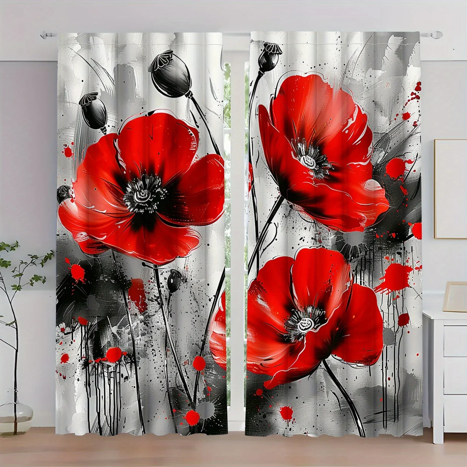 Abstract Red Poppy Floral Curtain 2pcs Pair Modern Art Print Window Drapes Home Decor Curtains for Living Room
