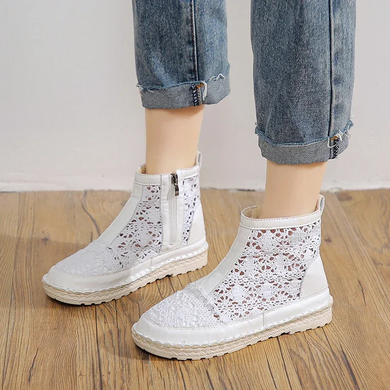 2024Hollow Out  Flats Slip-on Solid Ankle Short Boot Round Toe Shoes For  Thick-soled British Style Boots Women