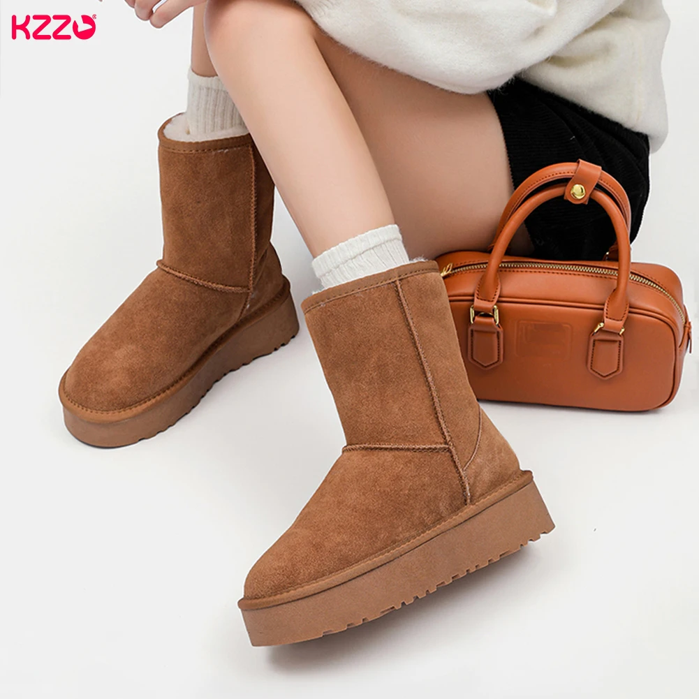 KZZO Women's Genuine Leather Sheepskin Snow Boots Mid-Calf Platform Natural Fur Lined Warm Winter Shoes Australian Style - view 6