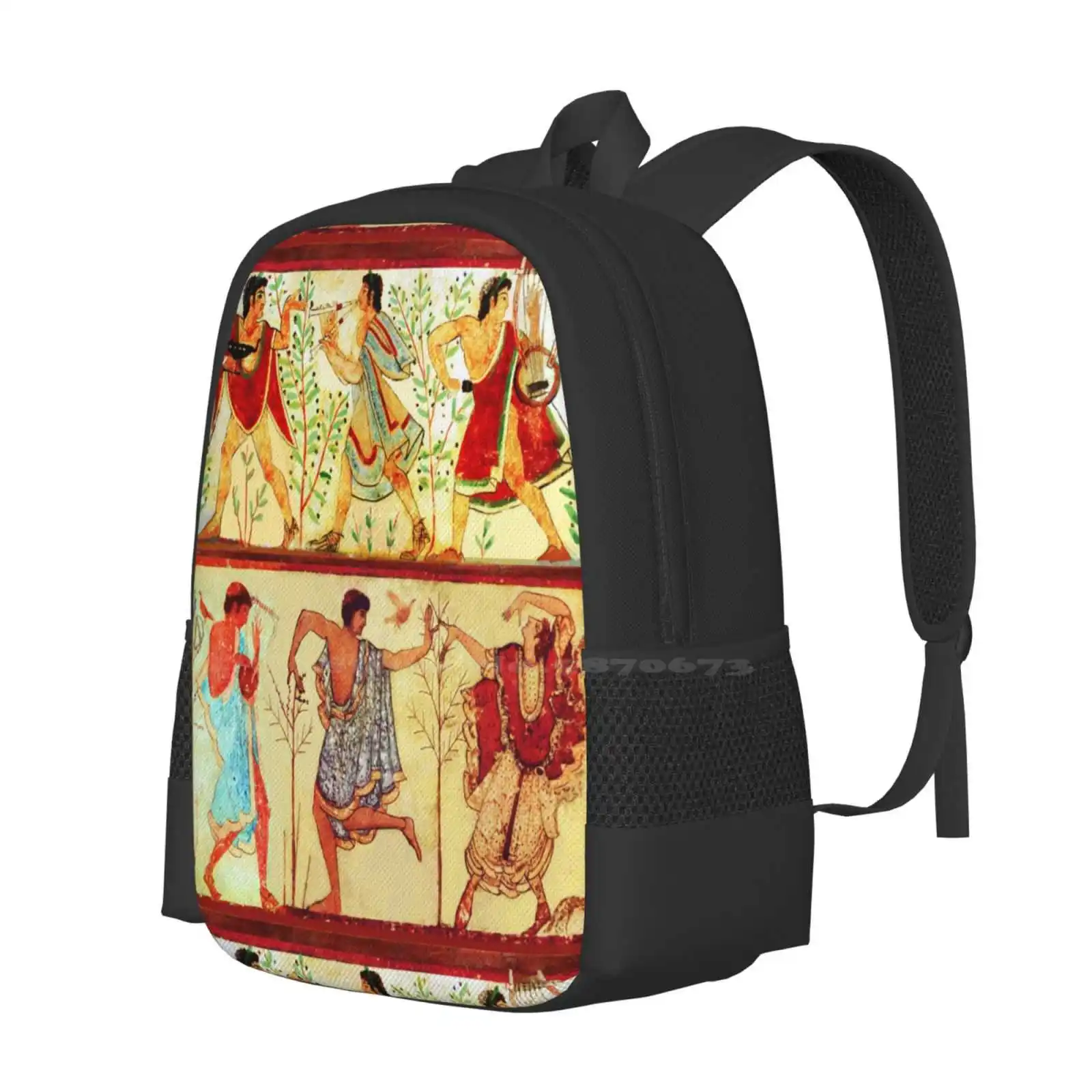 Etruscan Dancers And Musicians With Lyra And Aulos Player Antique Tarquinia Fresco Backpack For Student School Laptop Travel