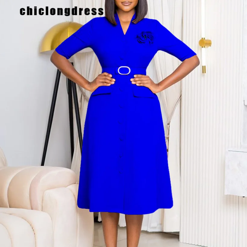 

Autumn Elegant Office ladies A-line Dress Women Fashion Solid V-neck Button Belt A-line Dress Women