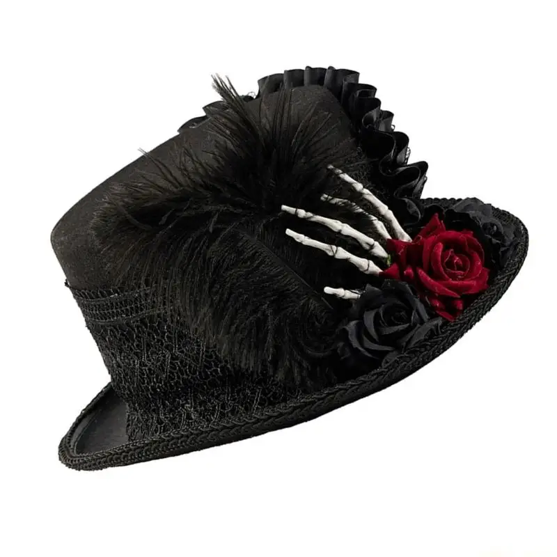 31BF Dark Series Steampunk Top Hat Breathable Wool Tall Hat with Skeleton Hand For Theme Event Celebration And Photography