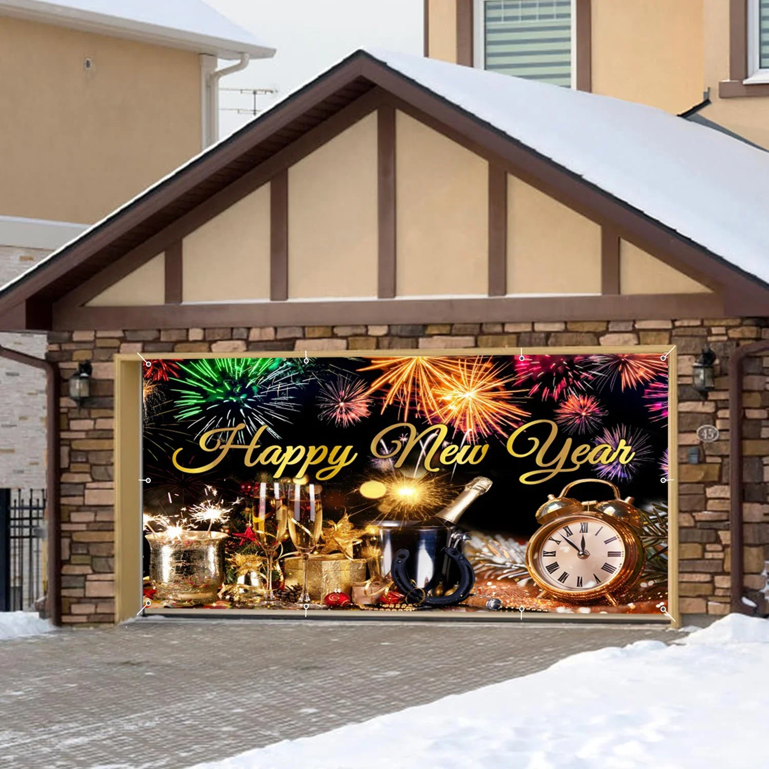 Happy New Year Theme New Year's Eve Party Carnival Garage Door Banner Decor Fireworks Golden Balloon Family Party Backdrop