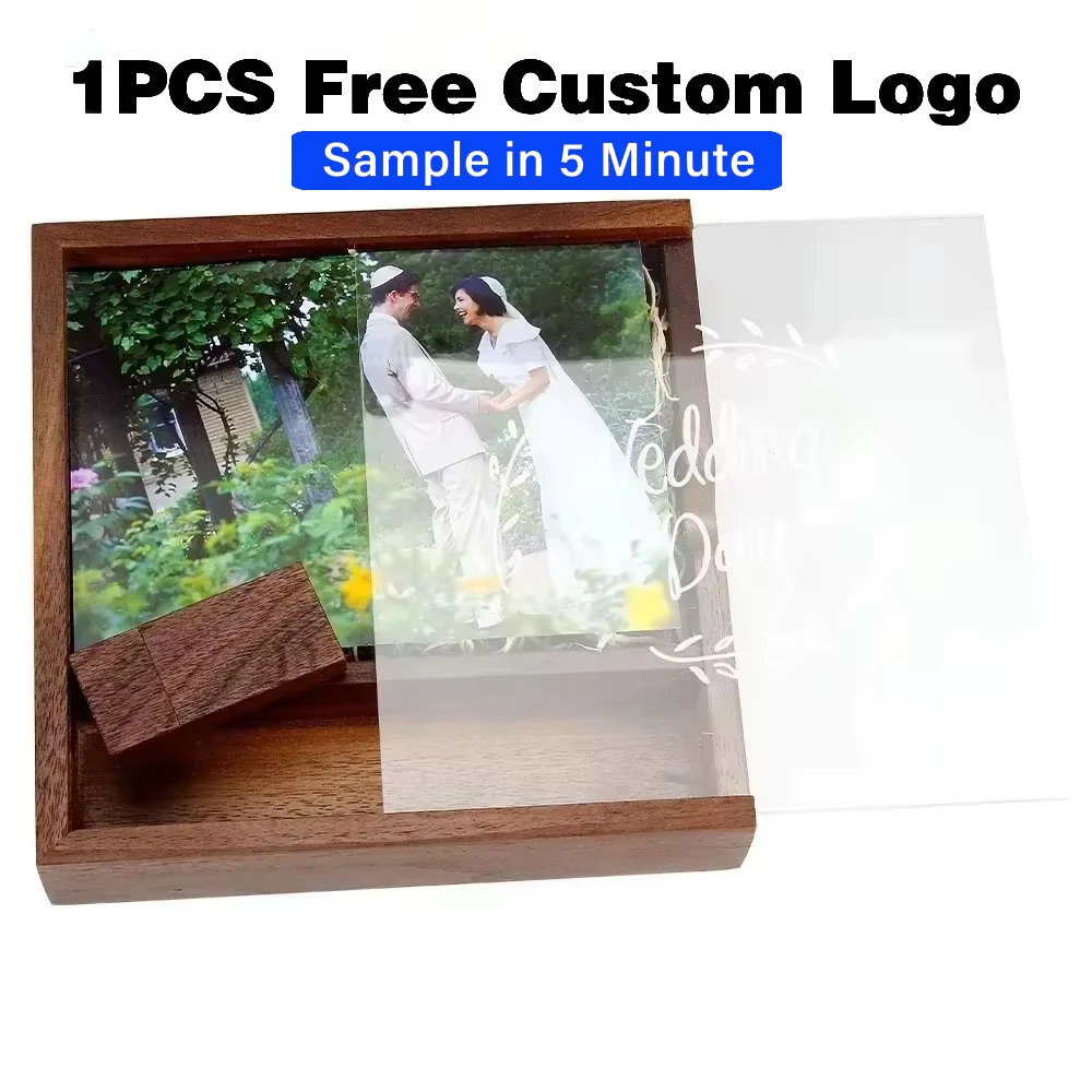 

Transparent Cover Photography Wedding Walnut Photo Album Box USB 2.0 Memory Card Pen Drive 128GB 32GB 64GB Flash Drive