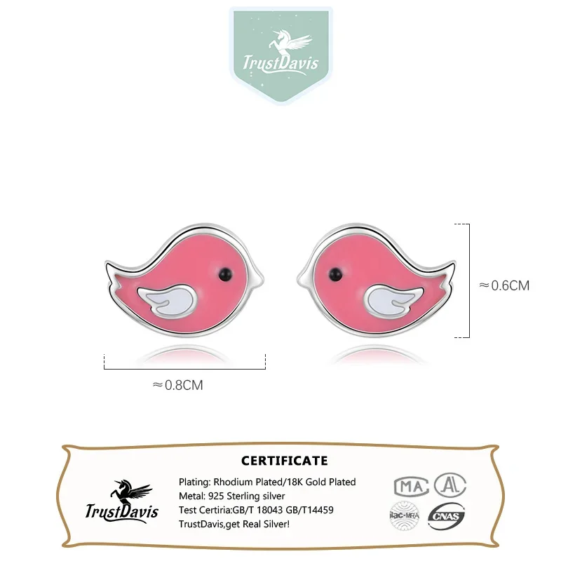 TrustDavis Real 925 Sterling Silver Earring Pink Glaze Birds Stud Earrings For Women School Party 925 Silver Jewelry Gift DS616