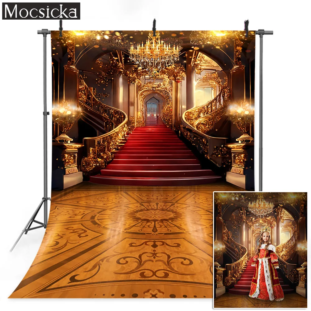 Gold Palace Background Red Carpet Wooden Floor Chandelier Royal Children Adult Portrait Photo Backdrop Photo Photography Props