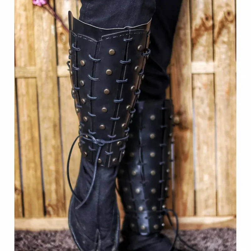 Medieval Samurai Knight Cosplay Traje, Steampunk, Armadura de perna PU, Greaves, Viking, Pirata, Shin Guard, Fantasia Polainas Boot, Tampa de sapatos