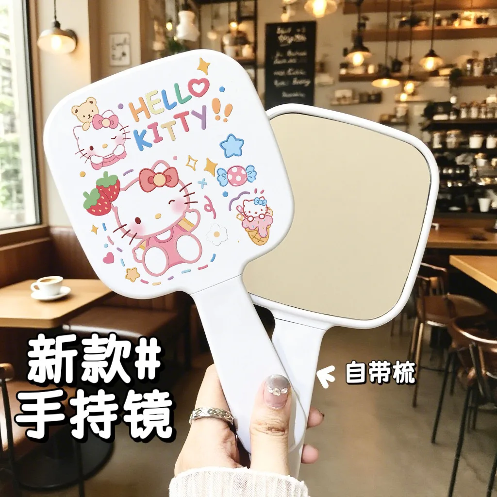 

New Sanrio Hello Kitty Handle Mirror Portable Makeup Mirror Touch-up Mirror Comb Body and Body Mirror Handheld Dormitory Makeup