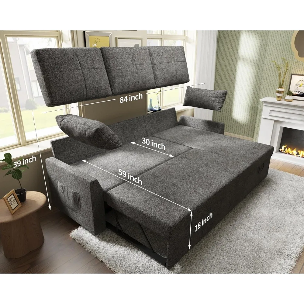 Sofa Bed- 2 in 1 Pull Out Couch Bed with Storage Chaise for Living Room, Sofa Sleeper with Pull Out Bed, Grey Linen Couch