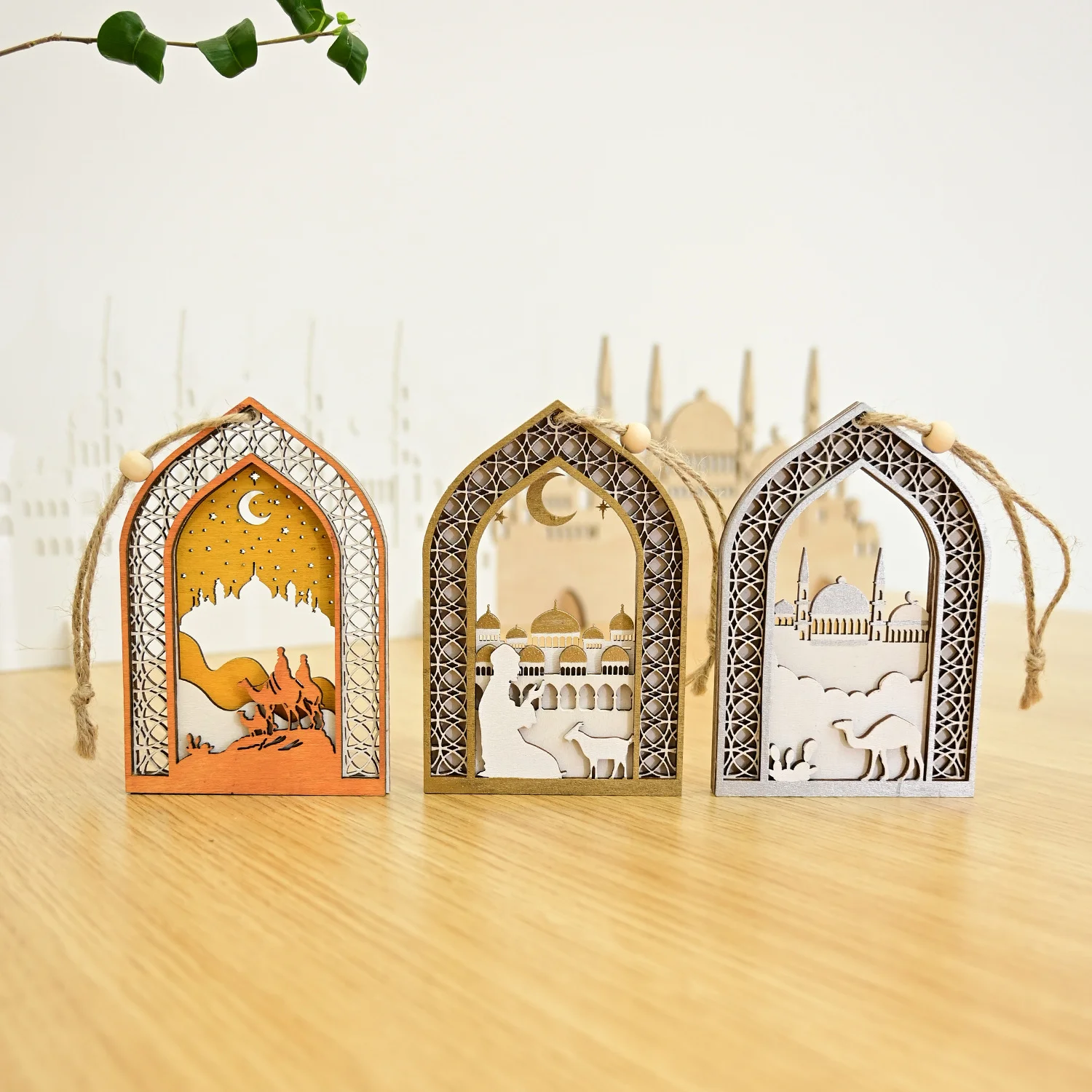 

8x12cm Muslim Wooden Festival Pendant Moon Star Castle Ramadan Kareem Hanging Ornaments Happy Eid Mubarak Party Decorations 2026