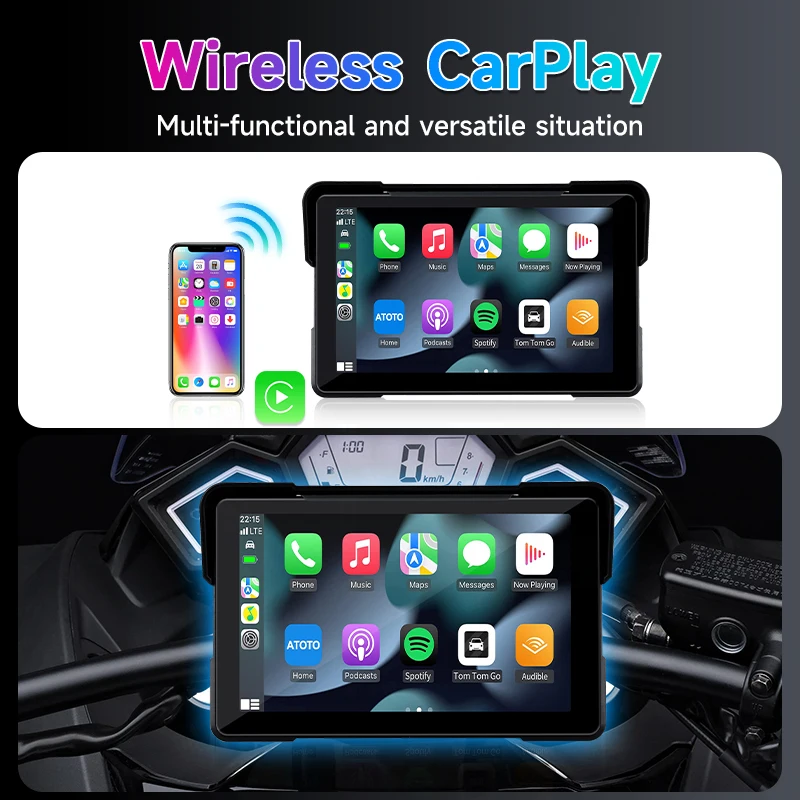 Srnubi-دراجات نارية محمولة سيارة لاسلكية ، مشغل ذكي أندرويد أتوماتيكي 2K ، نظام تحديد المواقع والملاحة ، TPMS ، WIFI ، IP67 ، DVR ، نفسجي"