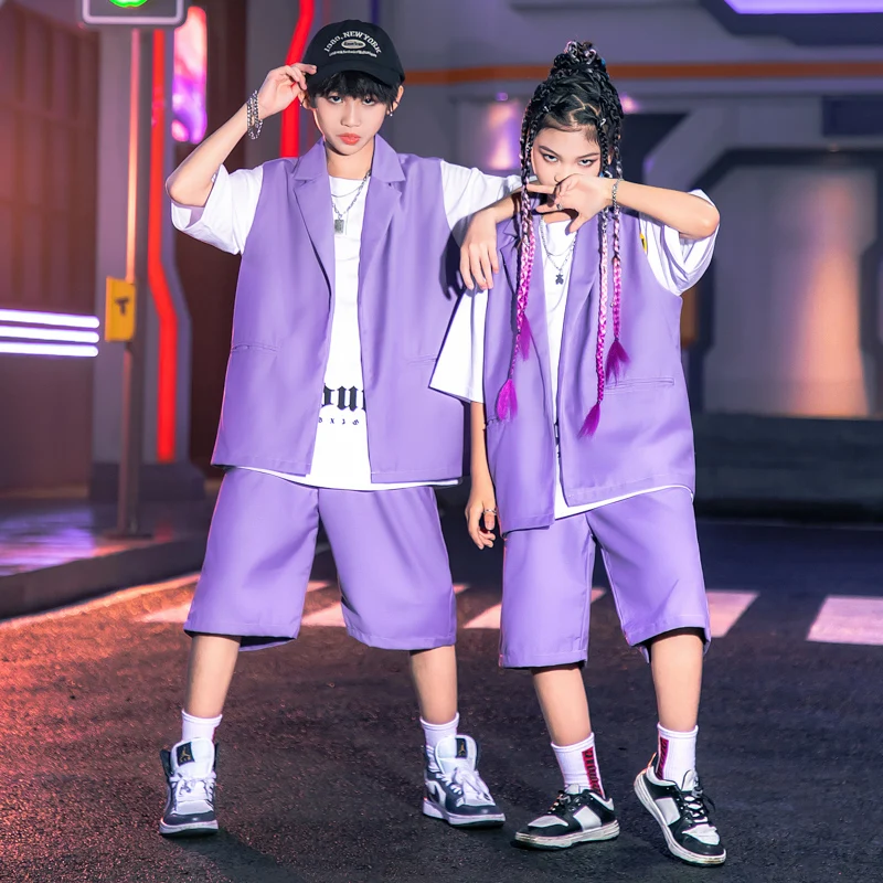 Kids Street Outfit Hip Hop Clothing Purple Sleeveless Blazer Jacket Baggy Shorts for Girl Boy Jazz Dance Costume Teenage Clothes