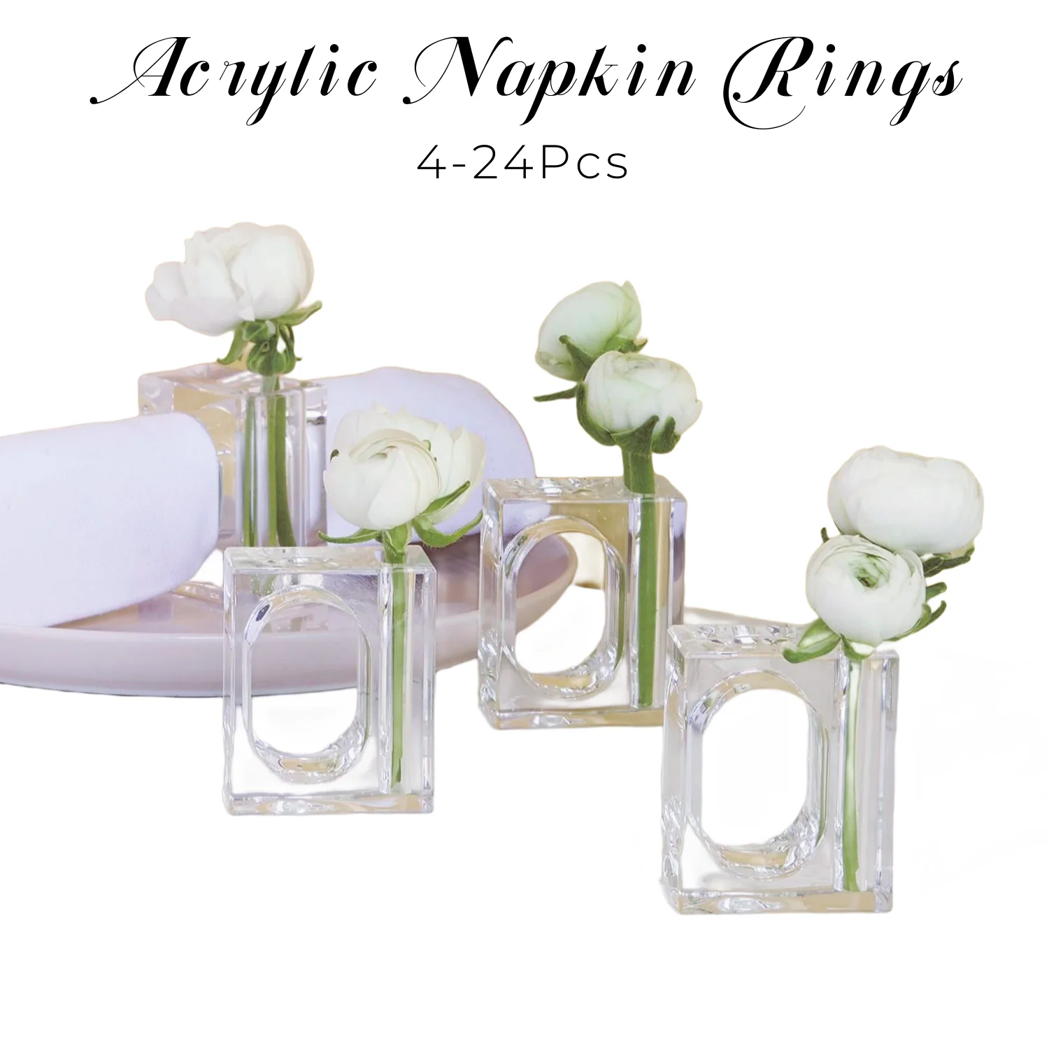 4-24Pcs Acrylic Napkin Rings Flower Vase Napkin Holders Clear Square Napkin Rings Bulk for Wedding Party Banquet Table Decor