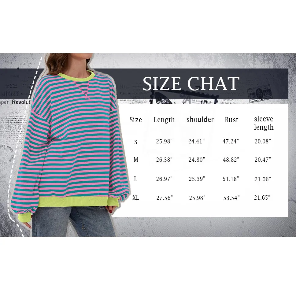 Women\'s Oversized Striped Color Blocking Long Sleeved Round Neck Sports Shirt Casual Loose Fitting Pullover Shirt Top