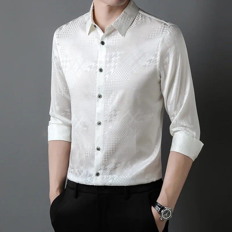 Real Silk High-End Men's Long-Sleeved Shirt Spring and Autumn New Business Casual Jacquard Affordable Luxury Style Trendy