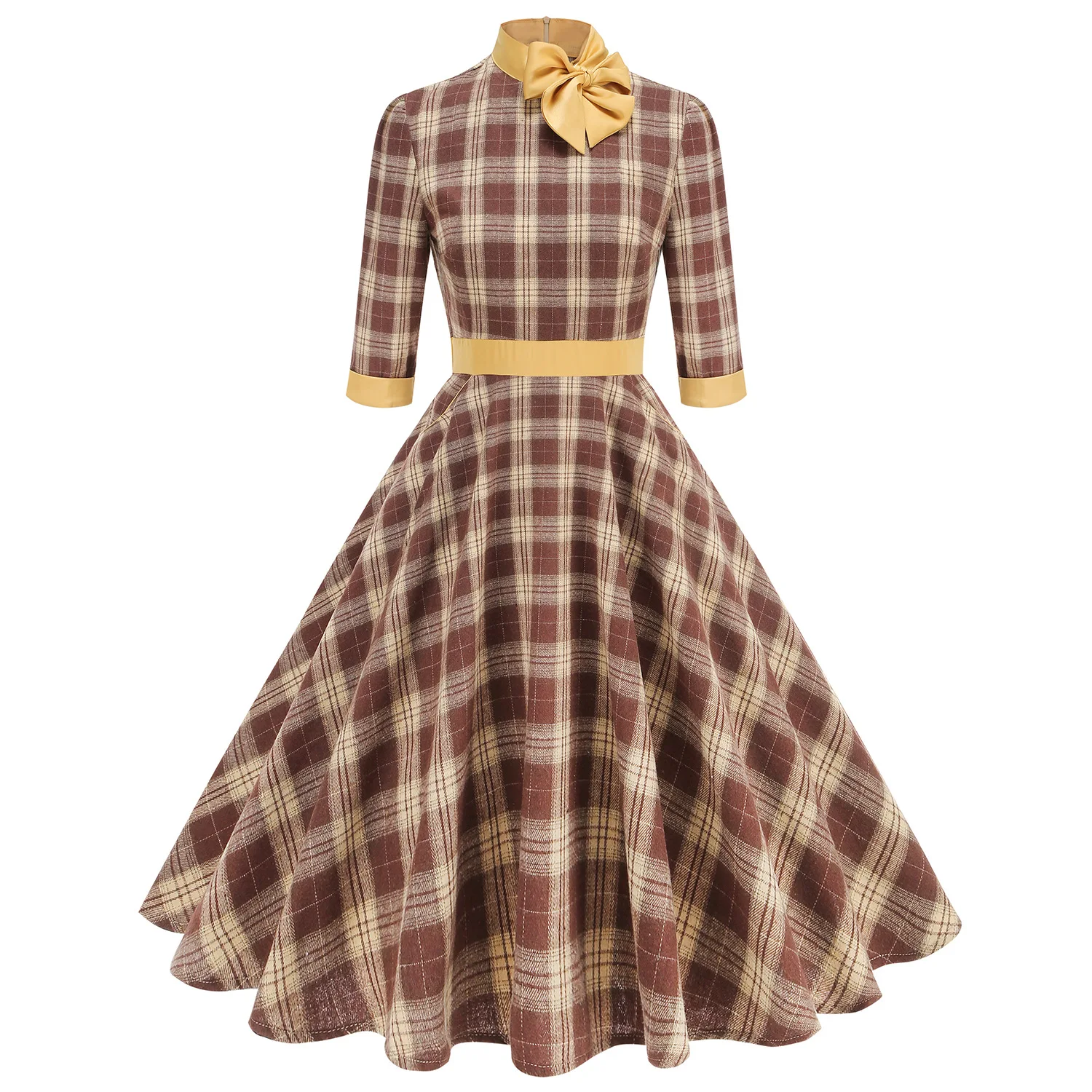 

European American Hepburn Retro Seven Quarter Sleeve Yellow Black Checkered Autumn Winter Elegant Commuting Bow Tie Tied Dress