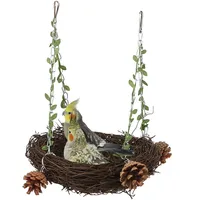 1 PC Natural Rattan Woven Bird Swing Toy Handcrafted Bird Hanging Stand Chew Toys for Pet Bird Parrot Cockatiels Cage Nest Decor