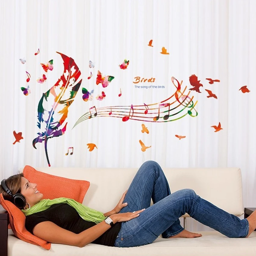 3D Feather Romantic Music Note Wall Decals Vinyl Stickers Kids Room Decoration for Home Nursery Cartoon Butterfly Bird Wallpaper