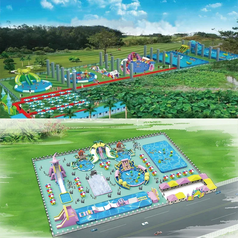 Commercial Outdoor/Indoor PVC Water Play Equipment Mobile Land Inflatable Ground Water Park with Large Pool Slide for Adults