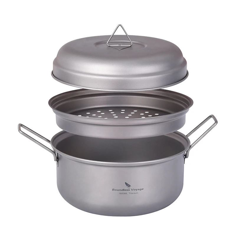 

Boundless Voyage Cooking Set Titanium Stockpot Steamer Set 1.8 L Outdoor Travel Picnic Camping Cookware Soup Pot Pan Kit Ti2058C