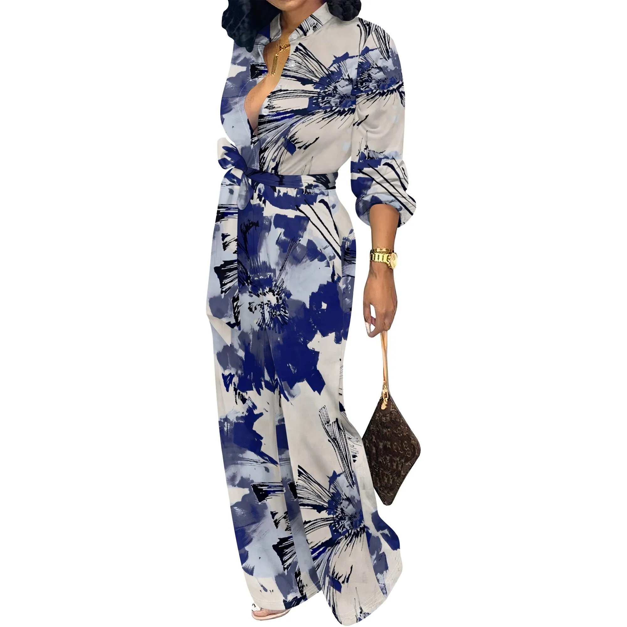 Women’s Long Sleeve Belted Jumpsuit Blue Ink Print V Neck Elegant One Piece Romper Casual Daily Outfit