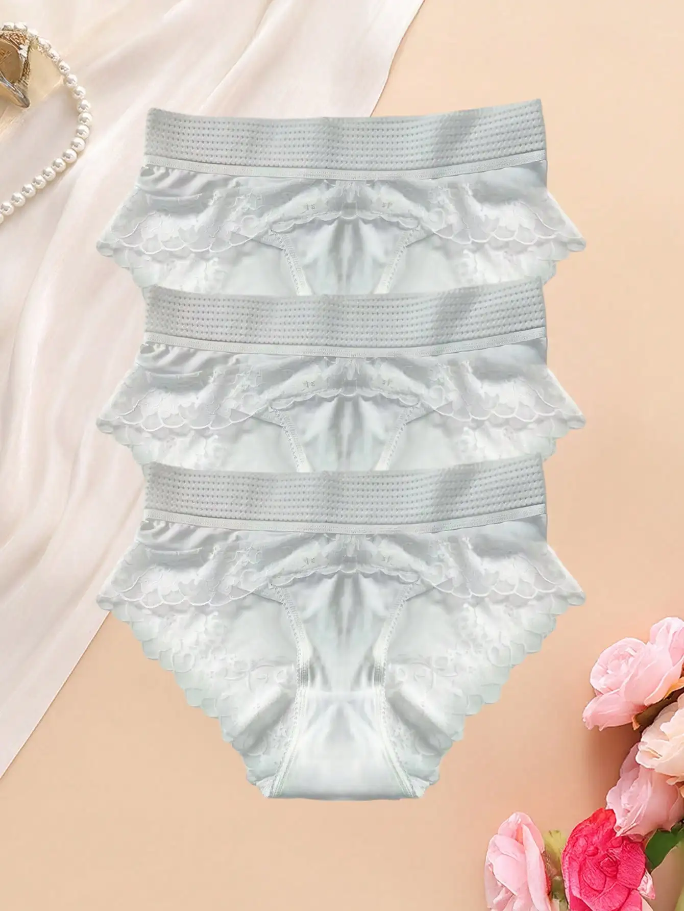 3-teilige Damen-Unterwäsche mit floraler Spitze und mittelhoher Taille, weiche und bequeme Unterwäsche für den täglichen Gebrauch