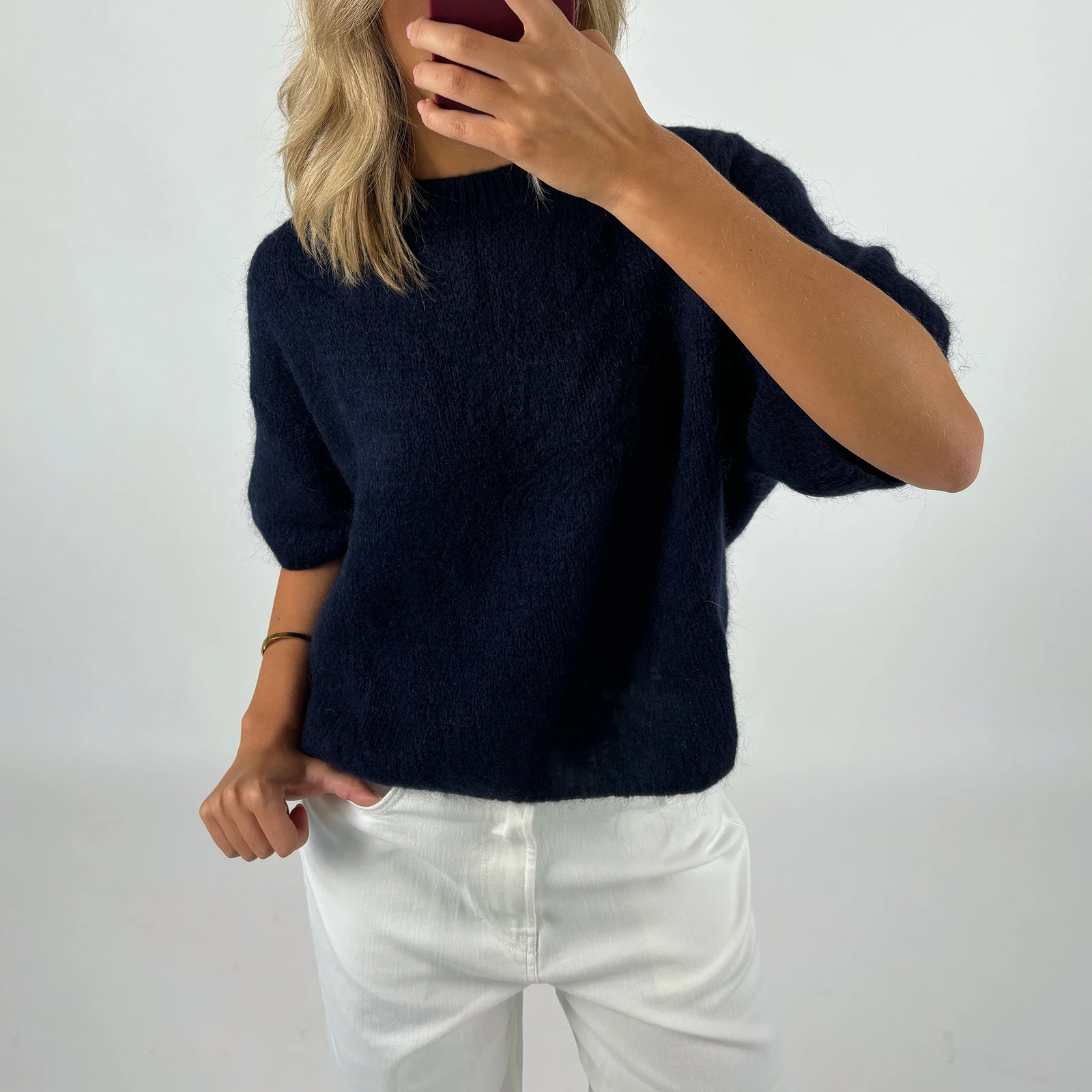 Women\'s Spring Autumn Y2K Vintage Loose Knitted Sweaters Half Sleeve Round Neck Solid Color Casual Cropped Pullover Tops