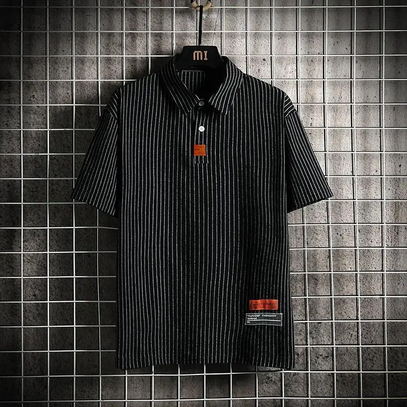 

Men's Clothing Summer Vertical Striped Workwear Short Sleeve Polo Shirt Loose Fit American Retro Half Sleeve Top Solid Color