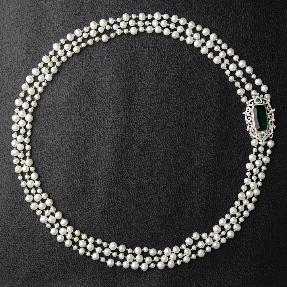 Hand knotted necklace 3row 3-8mm white freshwater pearl micro inlaid zircon clasp 28-30inch for women fashion jewelry