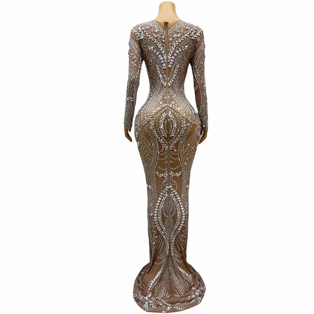 Split Long Sleeves Dress Women Sexy Silver Rhinestones Evening Birthday Celebrate Costume Performance Crystals Photoshoot Dress