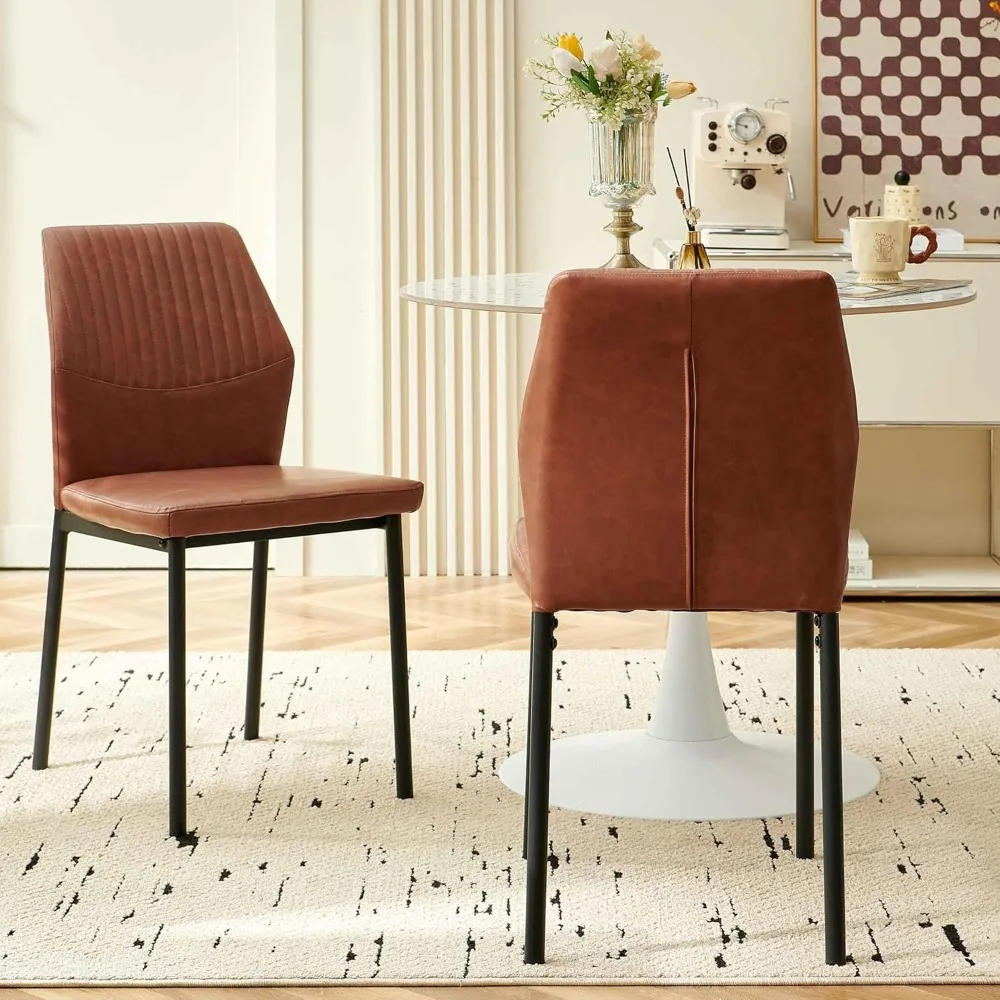 مجموعة كراسي تناول الطعام الحديثة في منتصف القرن مكونة من 4 قطع، جلد PU بني منجد، كراسي غرفة معيشة مريحة بأرجل معدنية