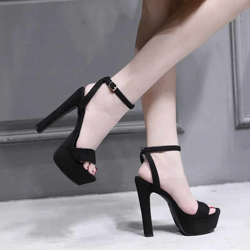 Women Sandals Platform Fashion Pumps Flock 14CM Thin Heels Summer Buckle Strap Concise High Heel Shoes Women’s Women Shoes