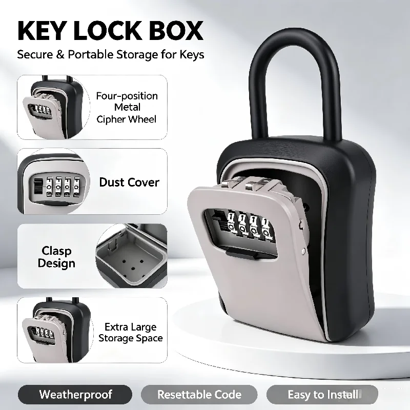 Hook Mount Key Lock Box for Door Knob, Hanging Resettable Code Key Safe, Weatherproof Outdoor Storage for Home Car Keys