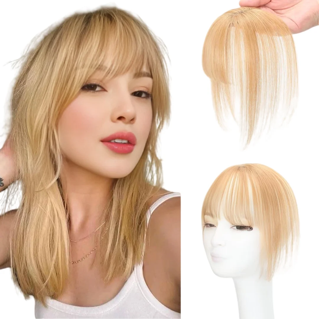 شعر بشري حقيقي للنساء، قاعدة صغيرة من الدانتيل السويسري قابلة للتنفس، قطع شعر أشقر، مشبك على شكل غرة وهمية في وصلات الشعر البشري