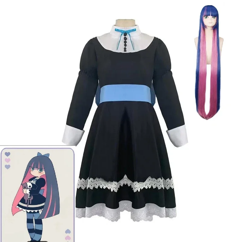 Anime Panty & Stocking with Garterbelt Stocking Cosplay Costume Maid Suit Sister Uniform Black Halloween Role Play Wig Full Suit